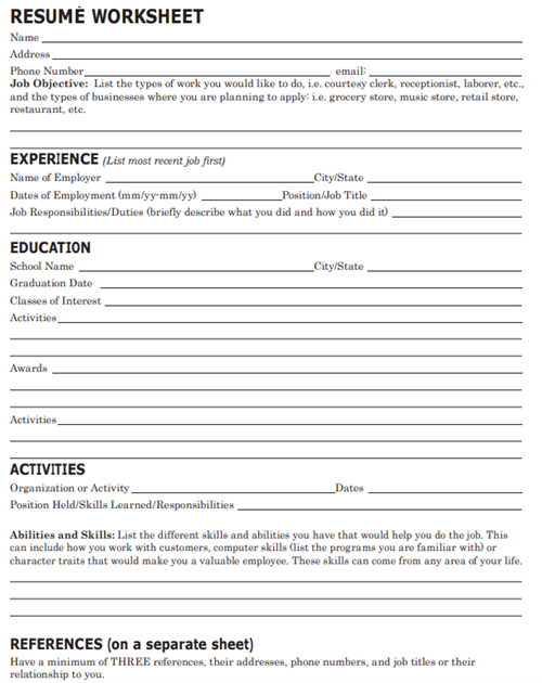Resume Worksheet 